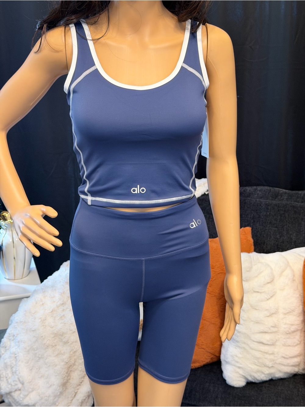 ALO Yoga Navy and White Tank & Bike Short Set - Picture 4 of 9